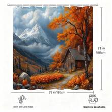 1Pc Mountain Cabin Autumn Shower Curtain - Snow Capped Peaks, Orange Fall Trees & Cozy Log Cabin, Nature Inspired Bathroom Decor,Bathtub Curtain, Machine Washable, Easy Hang, Great For Mountain Lovers & Cabin Style Bathroom, Fits Well In Home & Vacation Rental! Orange Brown - 金色 - 查看 5