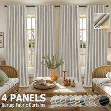 4pcs Burlap Linen Blackout Curtains For Living Room/Bedroom, Back Tab Faux Linen Textured 100% Blackout Drapes, Thermal Insulated Privacy Protection Farmhouse Window Curtains - 亞麻布 - 查看 1