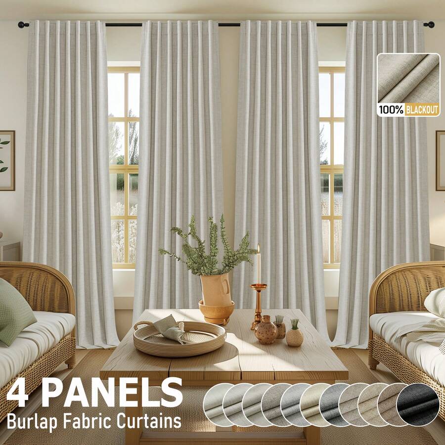 4pcs Burlap Linen Blackout Curtains For Living Room/Bedroom, Back Tab Faux Linen Textured 100% Blackout Drapes, Thermal Insulated Privacy Protection Farmhouse Window Curtains - 亞麻布 - 查看 1