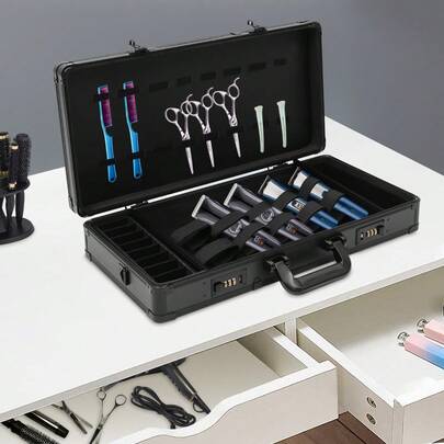 Black Barber Carrying Case, Aluminum Alloy-ABS Styling Tool Storage Case. 22.05LBS Load Double Lock Barber Bag, Portable Hairdresser Tool Case. Adjustable Shoulder Strap Barber Case, Salon/Pet Grooming Tool Organizer. Compact Lockable Barber Bag, Professional Hairdressing Supplies Storage Case.