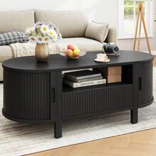 ONBRILL Black Oval Coffee Table, 47 Inch Fluted Coffee Tables With Cabinets & Sliding Doors, Mid-Century Modern Living Room Tables, Center Table With Storage And Wood Handle For Living Room, Home Small Space - Black - View 3