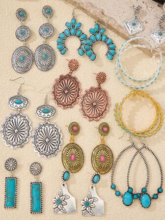 LUMIDIYA Western Retro Bohemian Exaggerated Earring Sets, With Multi-Element Combinations, Various Styles, Easy To Match And Wear For Various Occasions. There Are Various Styles Such As Large Teardrop Turquoise, Flower Turquoise, Long Strip Turquoise, Carved Totem, Large Horseshoe Turquoise, And Hoop Earrings