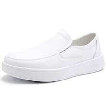 Men's Flat Anti-Odor Slip-On Round Toe Soft Sole Genuine Leather White Shoes Shock Absorption Comfortable Breathable - Black - View 3