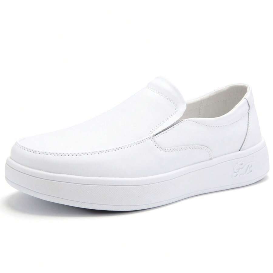 Men's Flat Anti-Odor Slip-On Round Toe Soft Sole Genuine Leather White Shoes Shock Absorption Comfortable Breathable - 白色 - 查看 1