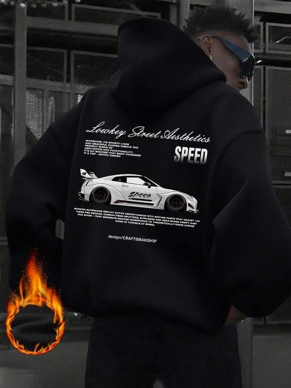 Męska bluza z kapturem i kieszeniami na jesień/zimę, z nadrukiem w kształcie samochodu