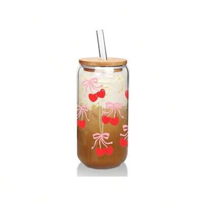 Cherry Bow Cup, Cola Cup Birthday Gifts Women, 16 OZ Cute Glass Cups With Lids And Straws Beer Can Milk Mocha Cups -, Birthday Gifts Women, Women's Holiday 500ml