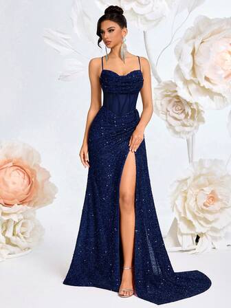 ADYCE Vestido longo elegante com alças finas, decote em V, lantejoulas e cintura alta, com fenda nas costas e amarração cruzada. Ideal para baile de formatura, casamento, festa de boas-vindas, encontro romântico, jantar formal, festa de aniversário, festa de fim de ano, reunião familiar, Ano Novo e outras ocasiões.
