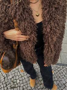 Luxuriöser Fake-Pelz flauschiger offener Mantel, langärmeliger Wintermode-Mantel, ein auffälliges Stücke, elegante Abend-Jacke, eine reizvolle Wahl für Feiertagspartys - Damen Jacke Mantel.