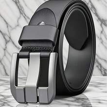 Men's Genuine Leather Belt With Alloy Buckle, Cowhide Belt - Fashionable Black Design, Medium Width Business Casual Waist Belt, Sweatproof Technology, Suitable For All Seasons, Sports Jeans Accessory|Modern Buckle Design|Durable Alloy Buckle - Khóa màu đen và bạc - Xem 2