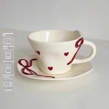Cabin Kangaroo 1set Adorable Red Ribbon & Heart Ceramic Coffee Cup Set, Cute Valentine's Day Tea Cups With Saucer, Perfect For Romantic Breakfast & Gift For Her, Cottagecore Drinkware For Coffee Lovers - Nhiều màu - Xem 7