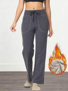 3 Pieces Of Women's Casual Solid Color Drawstring Waist Sports Pants, Women's Solid Color Thermal Insulation Pants, Sports Yoga Pants, Casual Sports Pants, Outdoor Sports Pants, Wide Leg High Waist Side Pocket Casual Pants, Autumn And Winter Daily Casual Graduation And School Clothes, Female Teacher Clothes - 灰色 - 查看 7