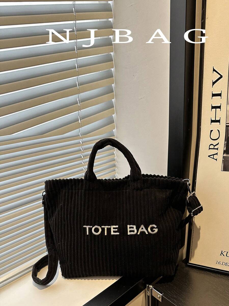 Retro European Style Fashion Corduroy Letter Print Women's Elegant Shoulder Handbag
