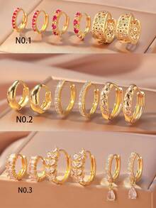 Set 6 cercei eleganți cu pietre multi-element și zirconiu din cupru, accesorii delicate și versatile pentru femei, pentru petreceri/întâlniri/cadouri