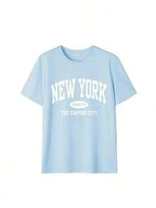 Envío gratis, entrega local enéxico, entrega en 4 días.Camiseta holgada de verano para mujer con estampado de letras, casual y versátil para uso diario.Camiseta gráfica, vacaciones - Celeste - Ver 3