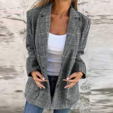 Neue Damen Blazer Jacke in Große Größen mit Karomuster, Business Pendler Stil, Einreiher, Herbst/Winter - Grau - Übersicht 14