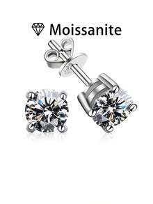 女士结婚耳环一对，四爪镶嵌，1.8克925纯银，镶嵌1克拉莫桑石，波西米亚宫廷风格，适合订婚、结婚、周年纪念、情人节等场合，附赠莫桑石证书和精美礼盒 - 白金 - 查看 5