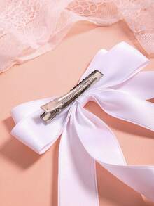 Hatastic 1pc Shiny Satin Ribbon Bow Barrette Hair Clip With Large Tail, Suitable For Daily Wear, Party And Festival Cute,School Valentine's Day Valentines Claw Clips Hair Claws Hair Barrettes, School Stuff, Elegant, College Gifts - White - View 4