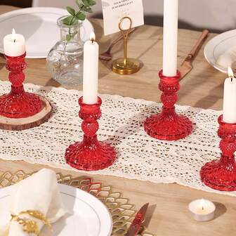 3/6Pcs Red Candlestick Holders Set- 4" H Taper Candle Holders Bulk, Glass Candle Holders For Activities, Christmas Party, Romantic Dinner Table Centerpieces, Festival Gifts & Windowsill Decor