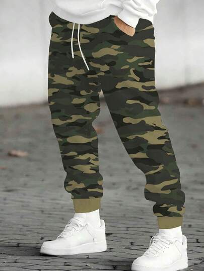 Plus Size Men's Camouflage Sweatpants, Drawstring Waist Casual Sweatpants, Outdoor Fitness Jogging Camo Pants