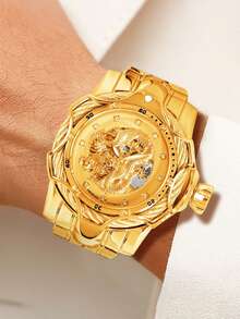 1pc Men's Dragon Embossed Automatic Mechanical Watch, Gold Hollow Dial, Rhinestone Scales, Powerful Business Luxury Wristwatch