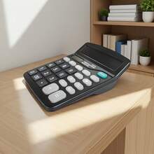 1台高性价比12位计算器，太阳能/电池双电源，大按键设计，适用于办公、财务、学生、收银员等场景，具备内存存储、GT累加和纠错功能，桌面/便携式两用电子计算器，家庭及商业必备计算工具 - 不含电池 - 黑色 - 查看 4