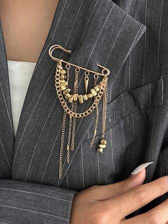 Broche asimétrico de cadena con borlas de metal multicapa de estilo punk casual, pasador de decoración de traje, broche de pareja en oro y plata