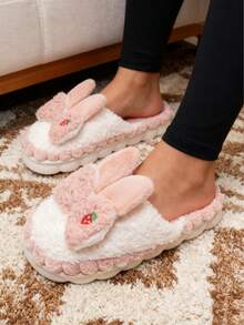 Pantuflas para mujer con diseño de capucha de conejo, pantuflas de interior para otoño e invierno para uso en el hogar, pantuflas cómodas y cálidas para dormitorios de estudiantes, pantuflas esponjosas - Rosa - Ver 3