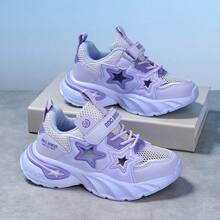 Zapatos deportivos para niñas, de malla transpirable, con estrella de cinco puntas hueca, suela suave y ligera, elásticos y duraderos con cierre de gancho y bucle para uso en exteriores - Morado - Ver 13