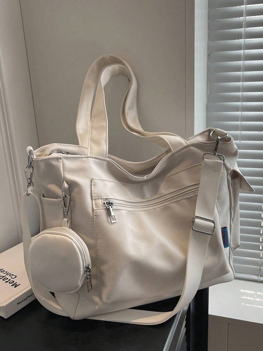 2024 New Fashion Classic Clown Solid Color Large Capacity Patch Pocket Design Two-Way Convertible Shoulder Bag, Ideal For Campus Use. Campus Tote Bag, Book Organizer, Spacious Design, Water-Resistant Material, Built-In Laptop Compartment-Perfect For Back-To-School Season And Middle/High School Campus Life. - 白色 - 查看 1