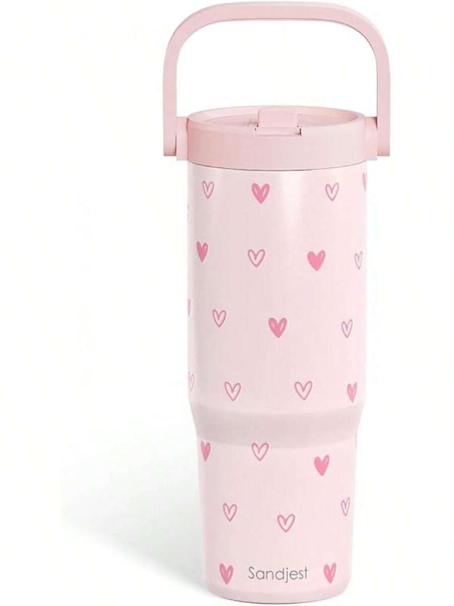 Pink Bow Stainless Steel Straw Lid Tumbler 30oz With Carry Handle For Women Girls, Insulated Travel Coffee Cup, Gift For Sports Outdoor Workout Christmas Birthday - 心 - 查看 1