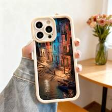 Cubierta de teléfono con diseño de calle pintoresca y barco colorido en tonos azules y rojos para iPhone 14 Pro Max negro ideal para uso diario y viajes - Café integral - Ver 4