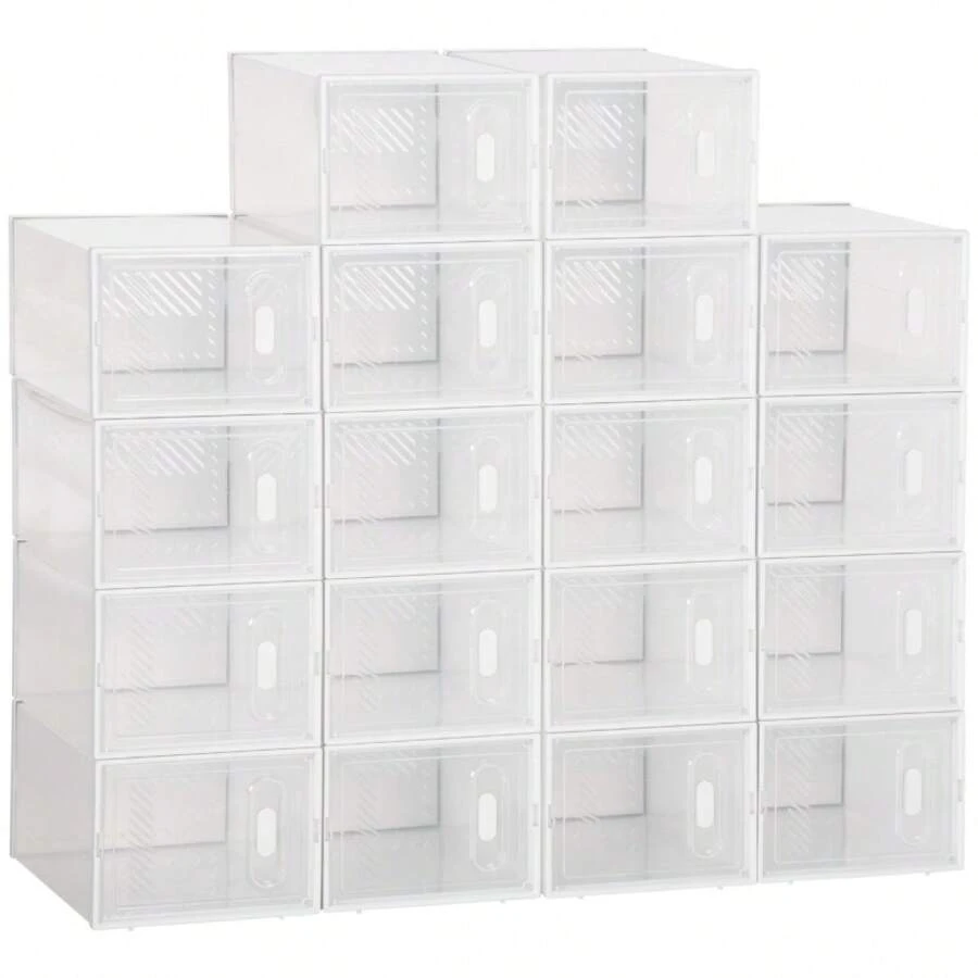 HOMCOM Set Of 18 Modular Shoe Storage Boxes With Transparent Doors - Dimensions 25L X 35W X 19H Cm On Site - 1 - 查看 1