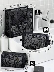 1个/3个装植绒爱心化妆包，大容量透明网眼化妆包带提手，便携式化妆刷收纳袋旅行洗漱包镂空口红零钱包化妆品收纳夏季旅行必备沙滩度假假期学校用品宿舍必备返校包沙滩包书包洗漱包旅行 - 黑色 - 查看 13