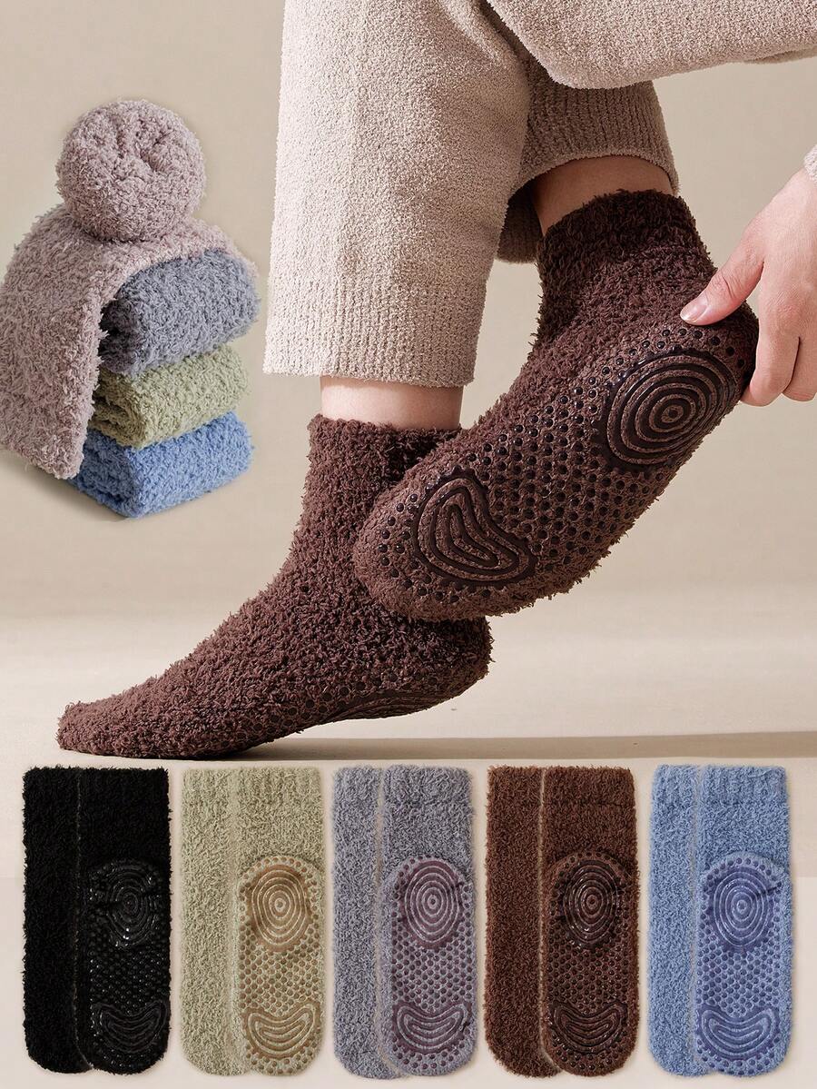 1/3/5双装男士多色地板袜，秋冬加厚抓绒成人保暖家居袜，防滑睡眠袜，简约百搭短袜，舒适袜 - 彩色 - 查看 1