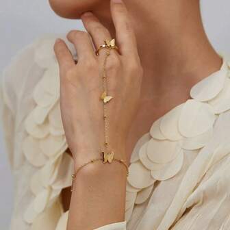 1 pieza Cadena de dedo de mariposa de acero inoxidable, accesorio de moda para el dedo, delicada pulsera abierta de anillo de mariposa mate (posición y cantidad de cuentas al azar)