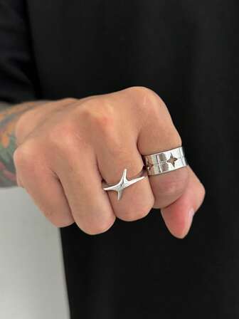 2pcs Punk Minimalist Star Rings, Unisex, Couples Gift, Holiday Gift For Family And Friends