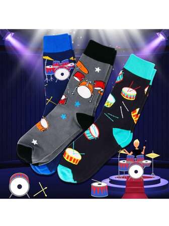 드럼 매니아 남성을 위한 재미있는 양말 3켤레, 남성 아빠 할아버지를 위한 재미있고 엉뚱하고 펑키한 드레스 크루 양말 선물