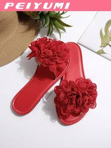 PEIYUMI Damen Große Größen elegante weiche französische Stil Flache Hausschuhe, offene Zehe Blumen Dekor Einzelriemen Sandalen, Sommer Lässig Mode Schuhe - Rot - Übersicht 8