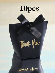 10 High-End Paper Gift Boxes, Elegant Golden Thank You Text, And Exquisite Ribbons, Perfect For Daily Gifts, Wedding Small Gift Packaging, Party Gift Boxes, Holiday Gifts, Etc.,