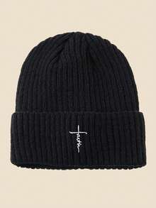 1pc Cross Embroidered Knit Beanie Hat, Warm Thermal Lined, Windproof, Soft & Comfortable, Simple & Fashionable, Essential Winter Hat Winter Clothing - A - View 2
