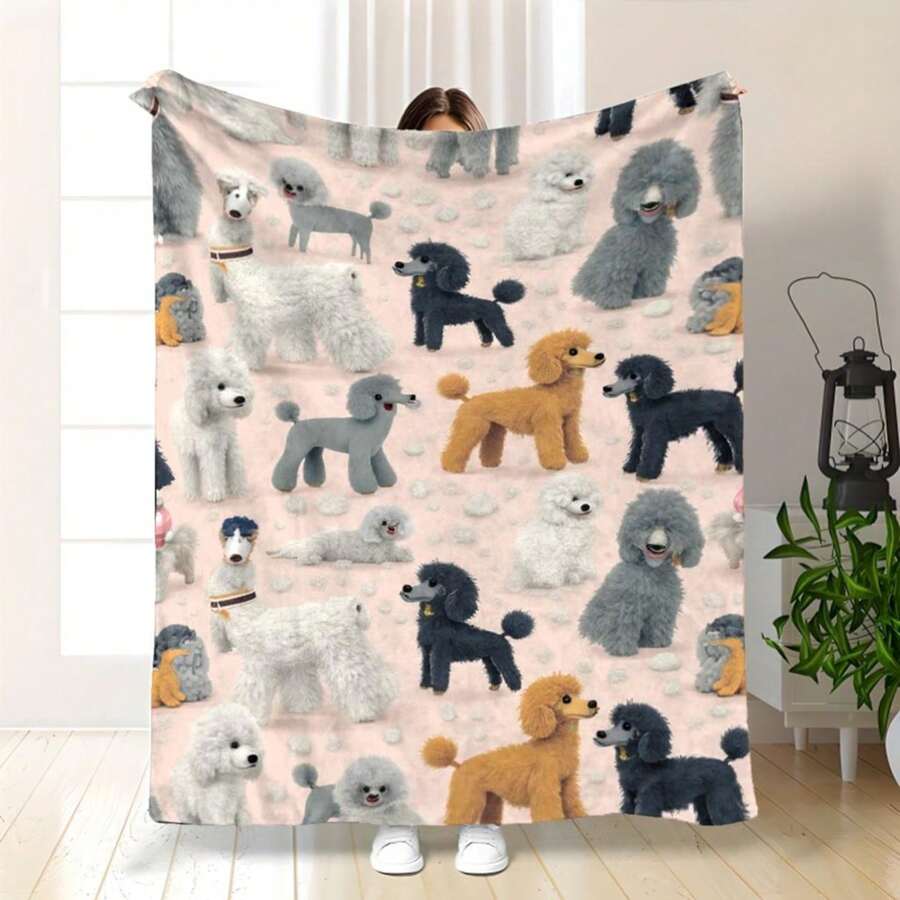 1pc Cute Poodle Pattern Flannel Blanket - Soft Pink Background With Multi-Color Poodles( White, Brown, Gray), All-Season Cozy Throw For Sofa, Bed, Car, Home Decor - Machine Washable Pet Lover Gift For Dog Owners, Dog Blanket, Contemporary Style, Soft Flannel Blanket - Multiple Sizes, Cozy Must-Have - 彩色 - 查看 1