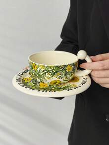 一套法式花卉陶瓷咖啡杯碟，猫尾形把手设计，可作早餐牛奶杯、面包甜点盘、下午茶咖啡杯、拉花杯、果汁杯、办公水杯、情侣水杯、节日礼物杯，馈赠亲友。 - 彩色 - 查看 3