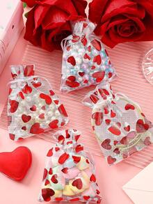 50 piezas Bolsas de malla con forma de corazón para el Día de San Valentín con cordón - Perfectas para joyería, cosméticos y obsequios del Día de San Valentín - Rojo - Ver 5