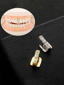 1pc Hollow Copper Zirconia Stone Women's Tooth Jewelry, Shiny Gold Tooth For Music Festival, Party, Couples Gift - Multicolor - View 4