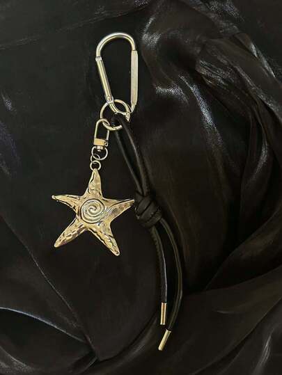 1pc Silver Toned Five Pointed Star Bag Charm With Leather Tassel For Unisex Daily, Casual & Travel Bag Accessory