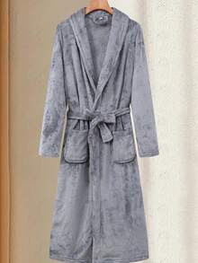 男士毛绒羊毛浴袍 - 舒适 V 领浴袍，配有可调节腰带和大口袋，可机洗，厚实保暖法兰绒，适合秋冬、居家休闲、浴袍、秋冬穿着，质地柔软 - 彩色 - 查看 4