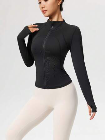 Women's Outdoor Sports Casual Fitness Jacket With Thumb Hole And Zipper, Suitable For Running And Workout