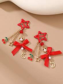 2pcs Women's Fashion Elegant Hair Accessories Y2K Cute Red BB Clips, Bowknot, Star, Moon, Cherry, Rose, Pearl Pendant Hair Clips, Suitable For Daily, Festival, Gathering, Party Matching - Red - View 4