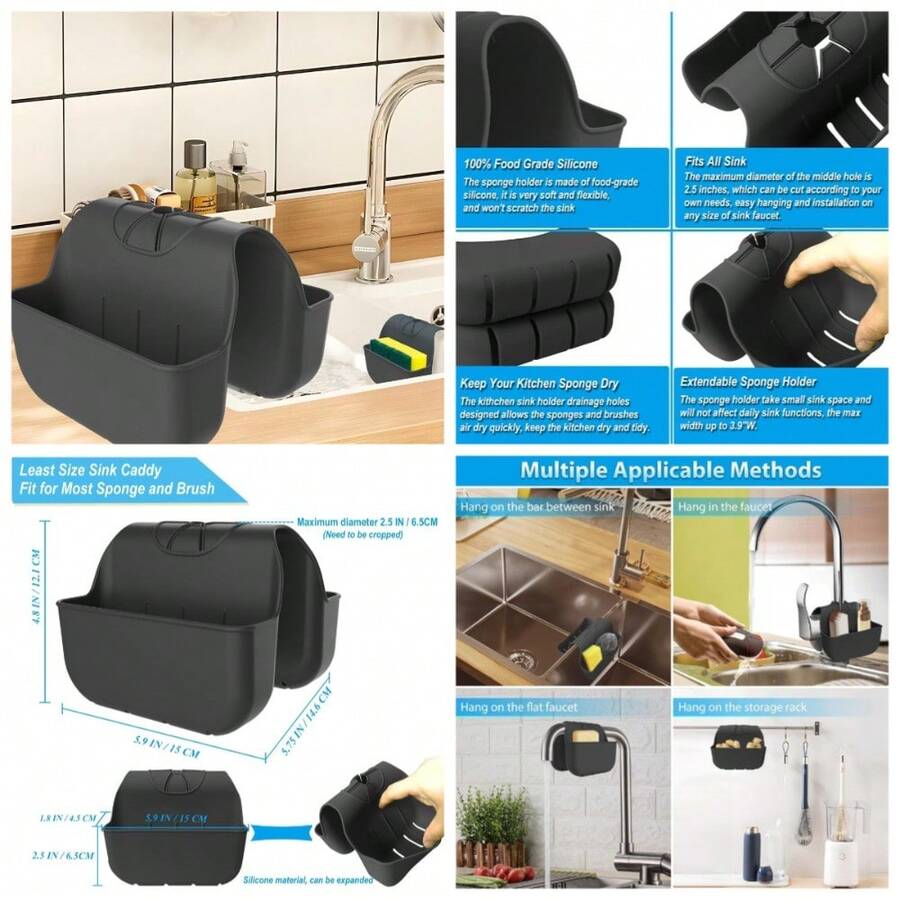 Silicone Sponge Holder For Kitchen Sink Over Faucet Organizer Rack  Caddy With Hanging Basket Storage For Sponges Brushes Soap Dispenser Dishwashing Tools Cleaning Supplies Accessories Black Sink Organizing Solution - 1 - 查看 1
