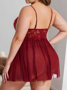 大码蕾丝吊带睡裙，V领睡衣，侧开衩网纱睡裙 - 酒紅色 - 查看 3